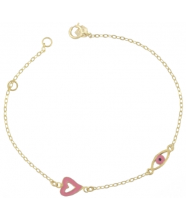 Bracelet Gold Κ9 "eye & heart" pink enamel