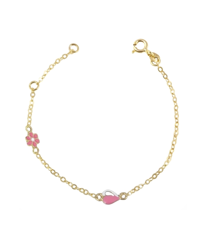 Bracelet Gold Κ9 "Daisy & heart" pink enamel