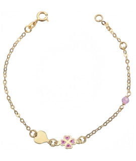 Bracelet Gold Κ9 "Daisy & heart" pink enamel