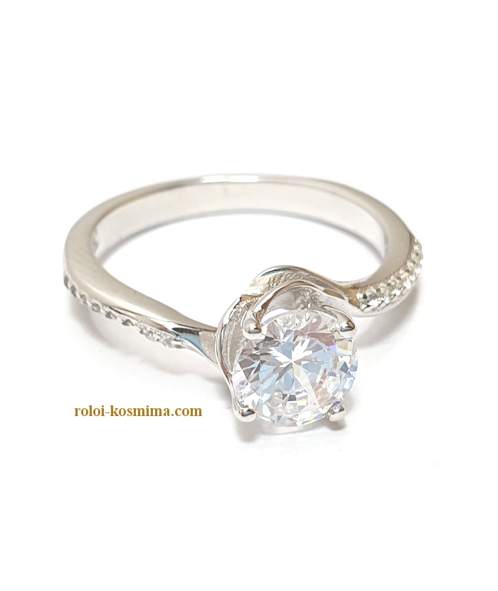 Δαχτυλίδι Ασημένιο 925° Μονόπετρο με πλαϊνά zircon