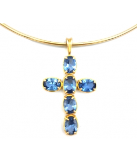 Σταυρός Χρυσός Κ14 με πέτρες Γαλάζια Ζιργκόν, χωρίς την αλυσίδα