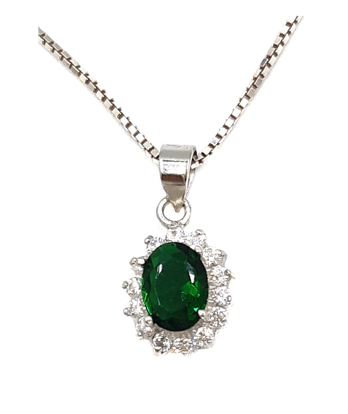 Necklace Silver 925° Rozeta with green stone