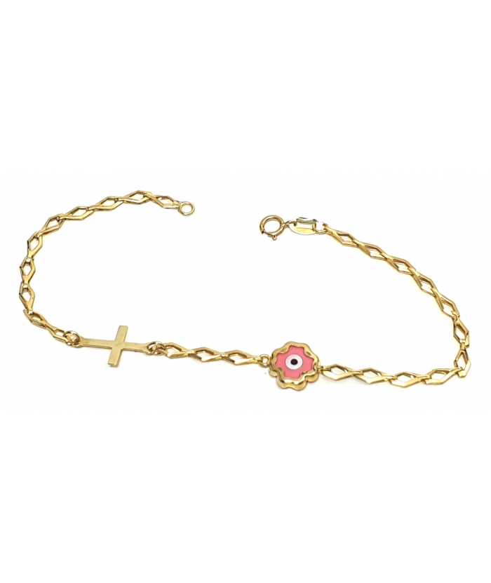 Bracelet Gold Κ14 ''Pink Eye and Cross''