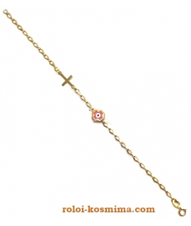 Bracelet Gold Κ14 ''Pink Eye and Cross'' 2