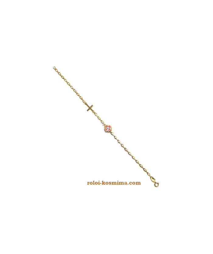 Bracelet Gold Κ14 ''Pink Eye and Cross''