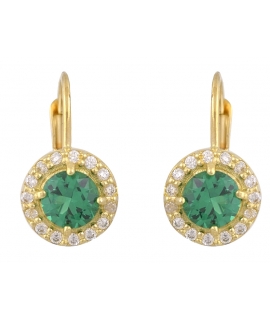 Σκουλαρίκια Χρυσά Κ14 Ροζέτες με πράσινη πέτρα, Μισοκρεμαστά