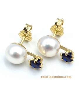 Earrings gold K9 pearl and blue zircon 2