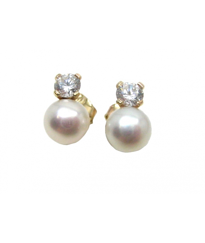 Earrings gold K14 'Pearl and zircon'