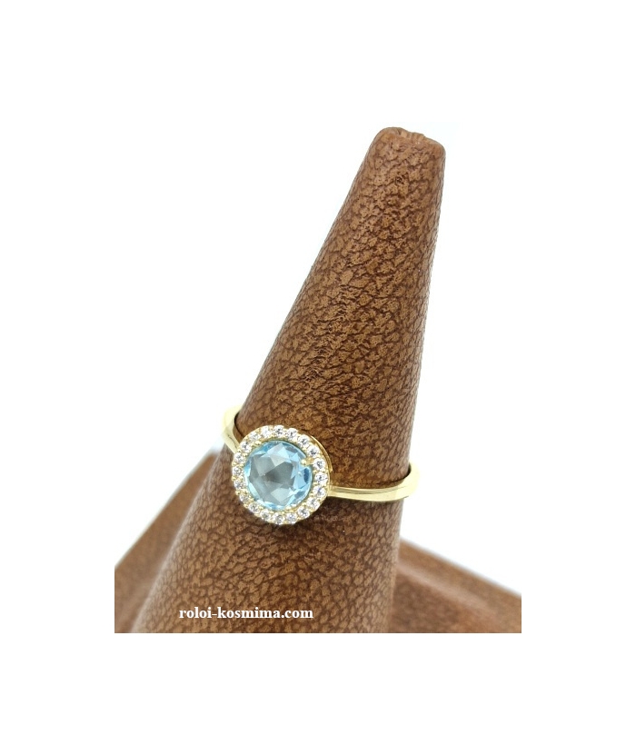 Δαχτυλίδι Χρυσό Κ14 Ροζέτα με Blue Topaz