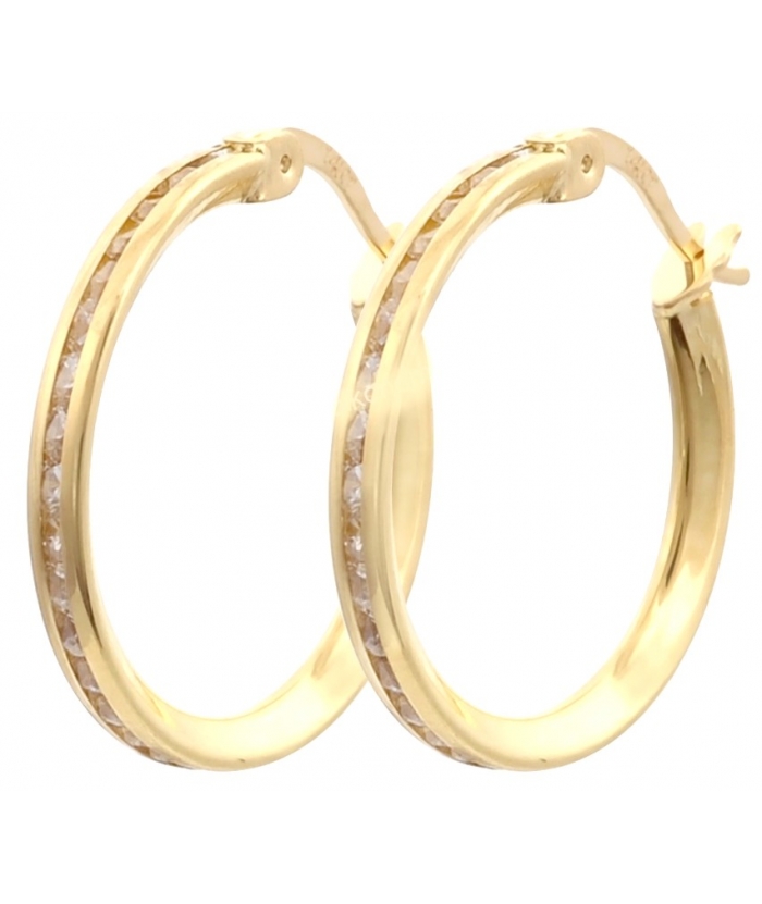 Earrings hoop gold K14 "Zircons in line" 15mm