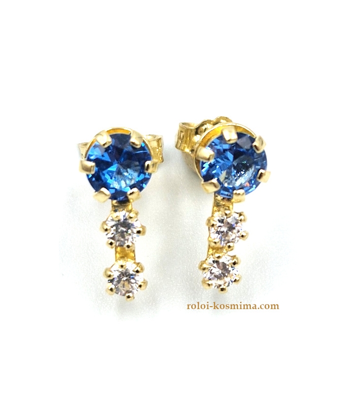 Earrings gold K14 cyan & white zircons