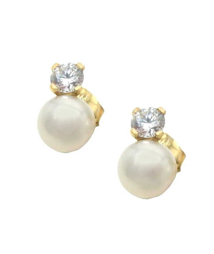 Earrings gold K14 'Pearl and zircon'