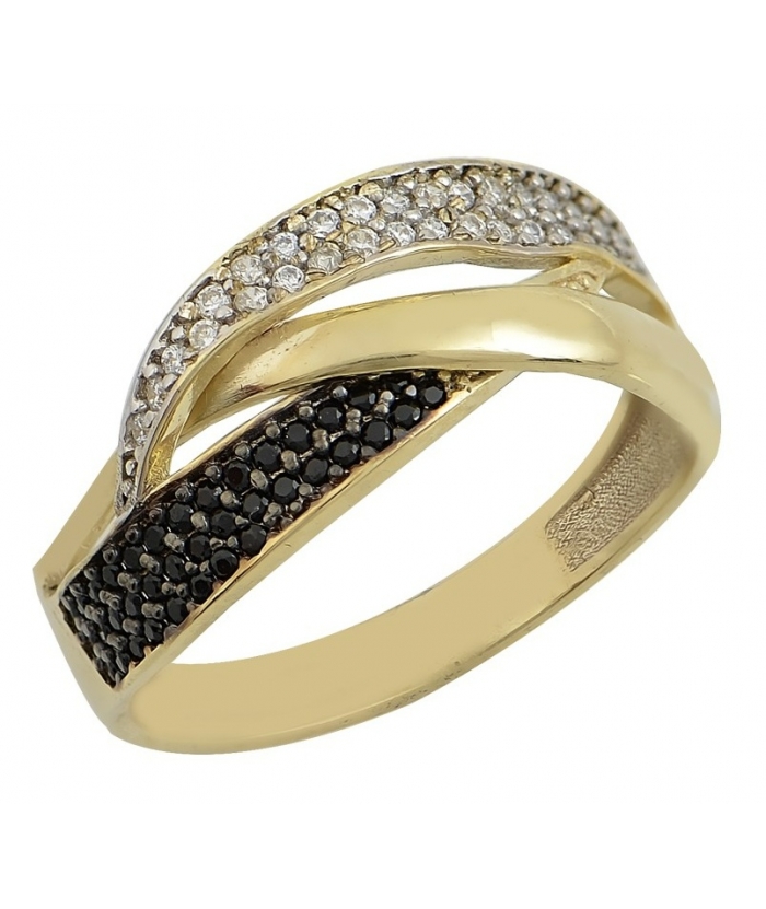 Ring Gold K14 with black and white zircons FILVA 45218