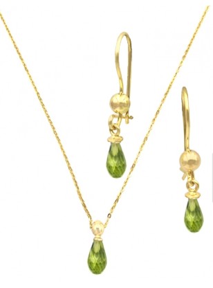 Set Gold K14 Necklace & earrings with emerald tear
