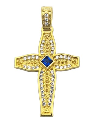 Χρυσός Κ14 Βυζαντινός Σταυρός με μπλε zircon