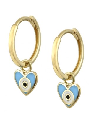 Earrings hoop gold K14 with heart/eye mini 10mm