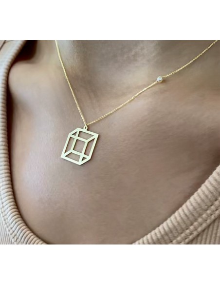 Necklace Gold K14 Cube 3D