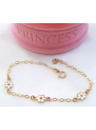 Bracelet Gold Κ9 daisies with pink enamel 2