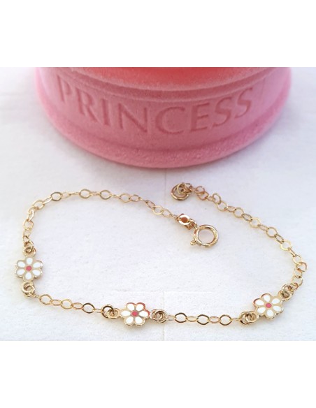 Bracelet Gold Κ9 daisies with pink enamel