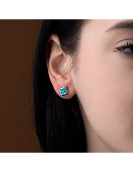 Earrings Gold K14 cross with blue opal