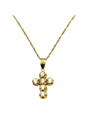 Necklace Gold K14 Cross with six zircons in line