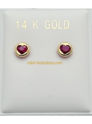 Earrings Gold 14Κ Heart with red zircon 2