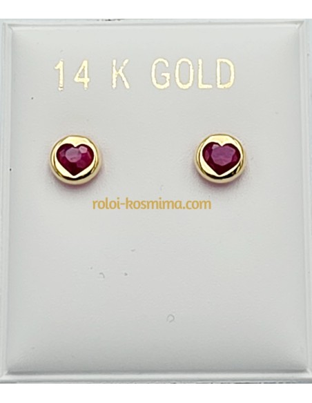 Earrings Gold 14Κ Heart with red zircon